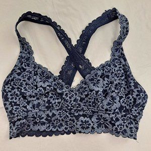 Aerie Bralette Bra Lace Stretch Small Cross Back Embroidery Floral navy blue